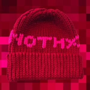 "NO THX" Red/Pink, Knit-look 90s beanie, Handmade By Me, Hand Embroidery,